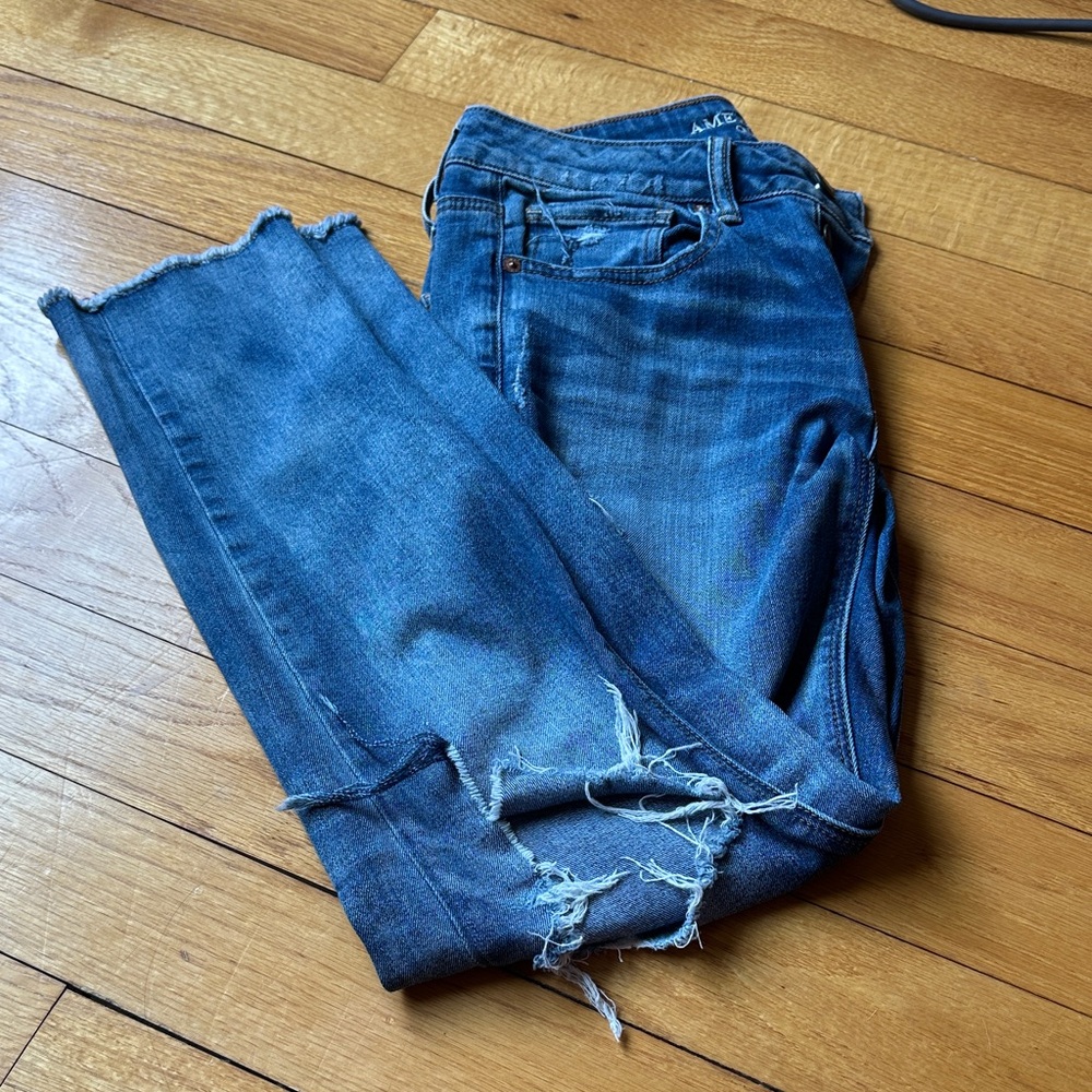 American Eagle Outfitters Dark Blue Skinny Jeans with Distressed Hem